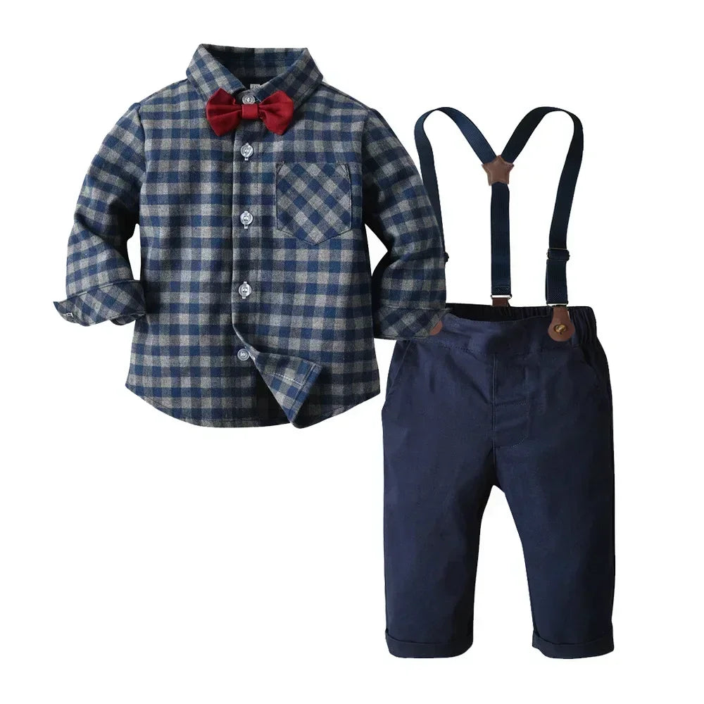 Children's Plaid Shirt and strap pants set for Boys with Bow Tie baby boy clothes 0 to 3Y Autumn Boys Clothes 70-130cm