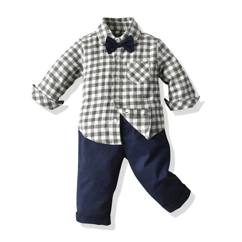 Children's Plaid Shirt and strap pants set for Boys with Bow Tie baby boy clothes 0 to 3Y Autumn Boys Clothes 70-130cm