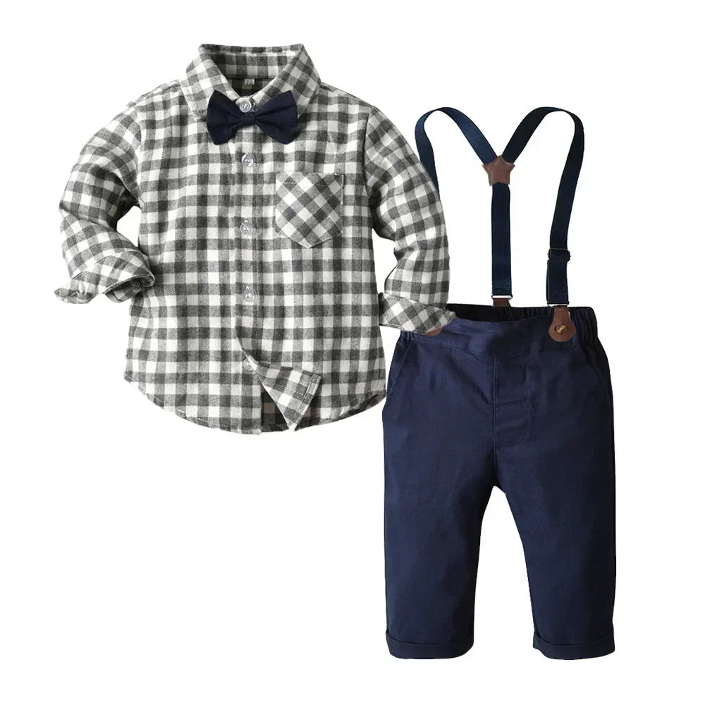 Children's Plaid Shirt and strap pants set for Boys with Bow Tie baby boy clothes 0 to 3Y Autumn Boys Clothes 70-130cm