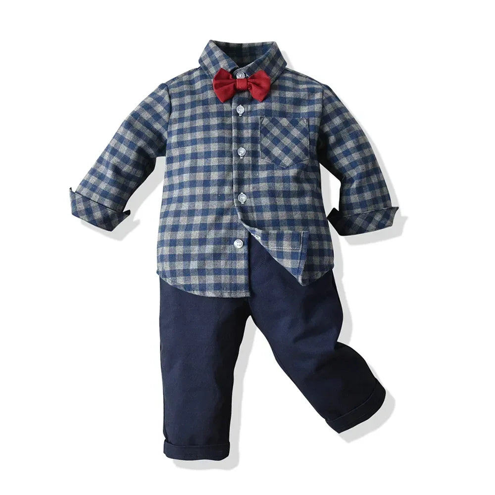 Children's Plaid Shirt and strap pants set for Boys with Bow Tie baby boy clothes 0 to 3Y Autumn Boys Clothes 70-130cm