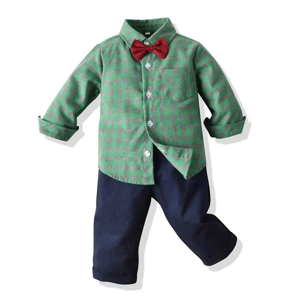 Children's Plaid Shirt and strap pants set for Boys with Bow Tie baby boy clothes 0 to 3Y Autumn Boys Clothes 70-130cm