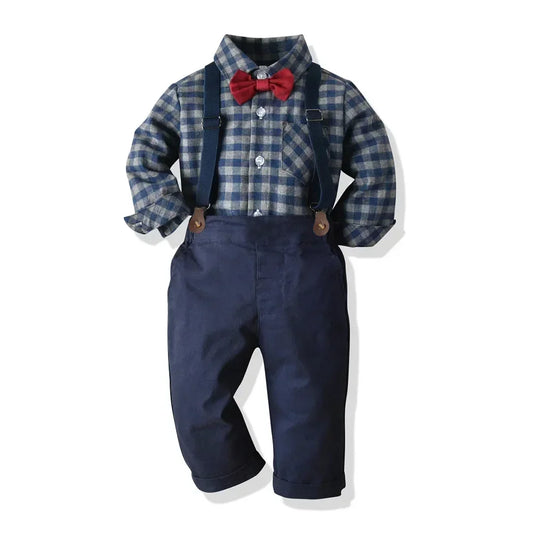 Children's Plaid Shirt and strap pants set for Boys with Bow Tie baby boy clothes 0 to 3Y Autumn Boys Clothes 70-130cm