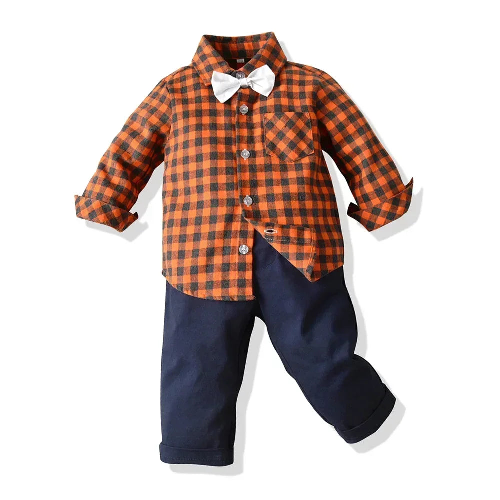 Children's Plaid Shirt and strap pants set for Boys with Bow Tie baby boy clothes 0 to 3Y Autumn Boys Clothes 70-130cm