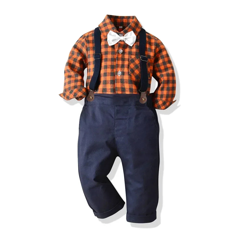 Children's Plaid Shirt and strap pants set for Boys with Bow Tie baby boy clothes 0 to 3Y Autumn Boys Clothes 70-130cm