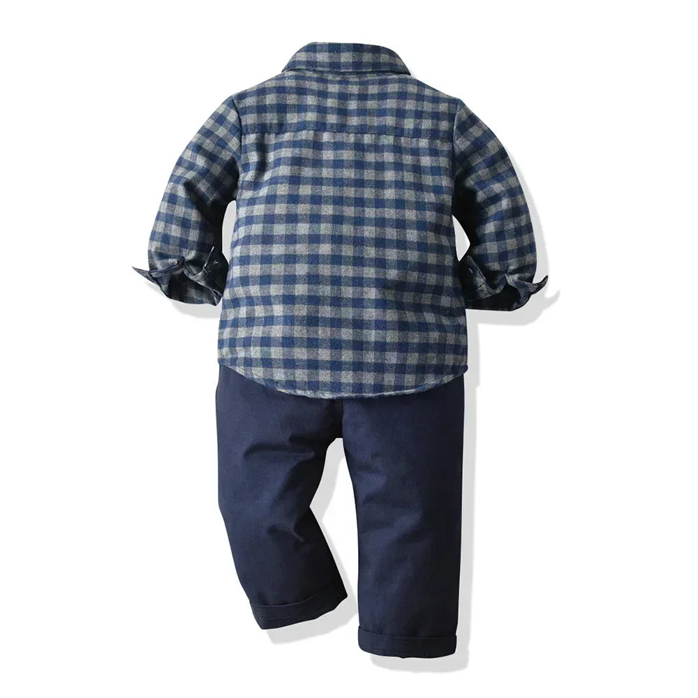 Children's Plaid Shirt and strap pants set for Boys with Bow Tie baby boy clothes 0 to 3Y Autumn Boys Clothes 70-130cm