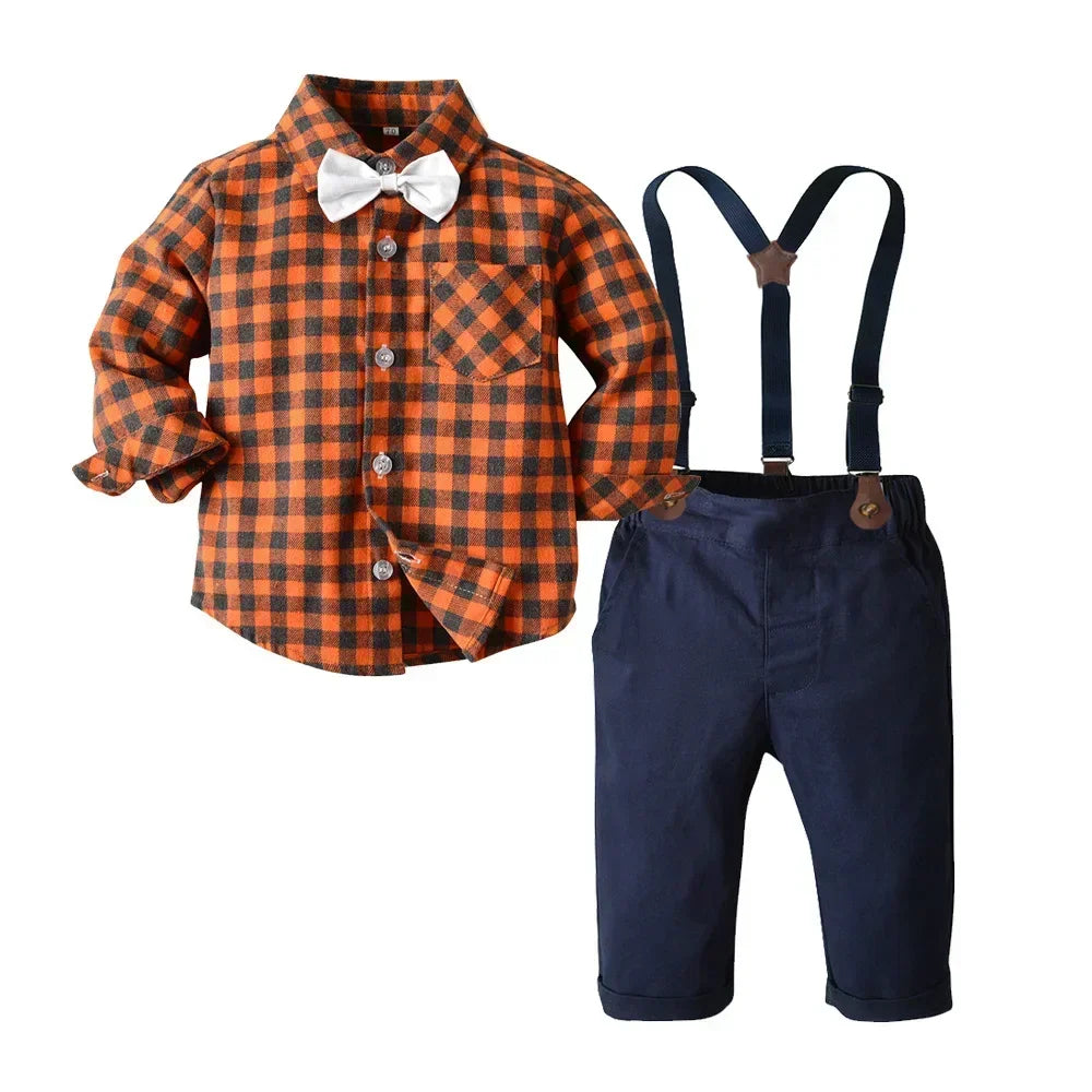 Children's Plaid Shirt and strap pants set for Boys with Bow Tie baby boy clothes 0 to 3Y Autumn Boys Clothes 70-130cm